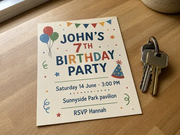 A photo of a children's party invitation, snapped on a kitchen counter